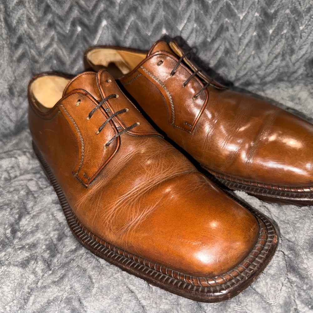 a. testoni Brown Leather Oxfords with Polished Finish 9.5M